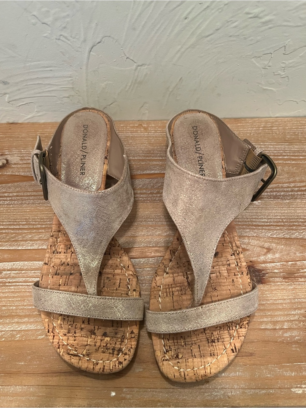 Donald J. Pliner Metallic Gray Cork Wedge Sandals Size 8M